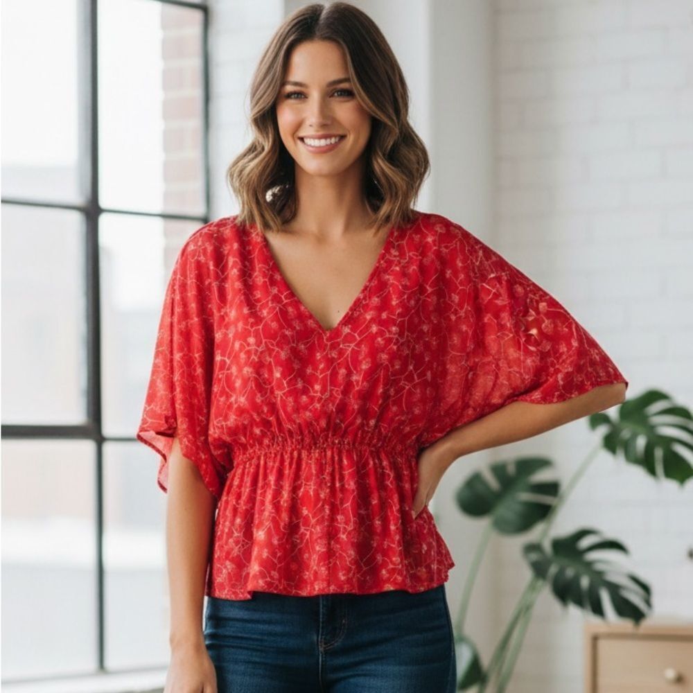Take 50% OFF- Wassio Red Floral Women's Top, Size-L